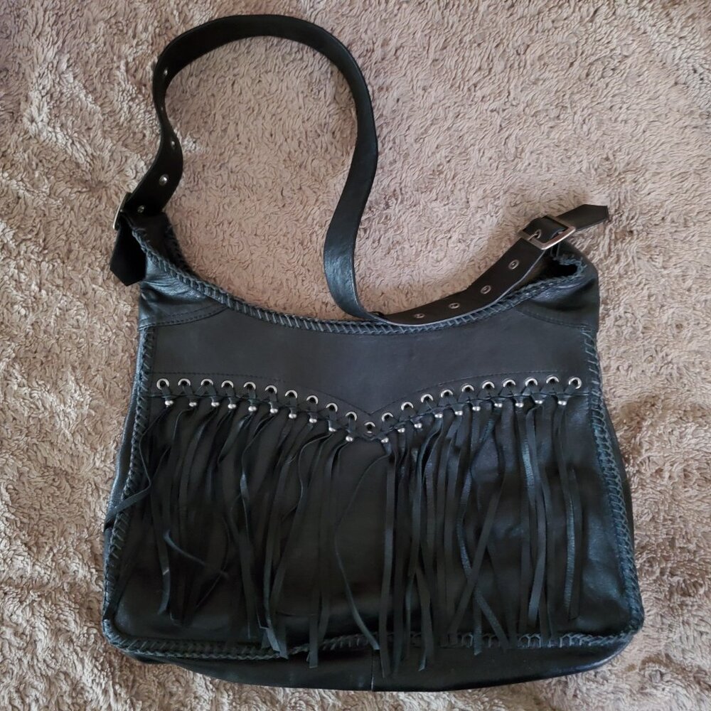 Vintage ***one of a kind*** Harley Davidson Fringed Black Leather Tote